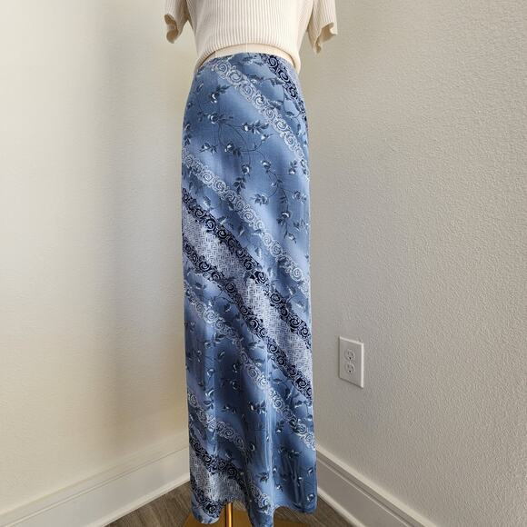 Vintage 90s Blue Floral Striped Maxi Skirt Pull On Side Hem Split M - Picture 13 of 13